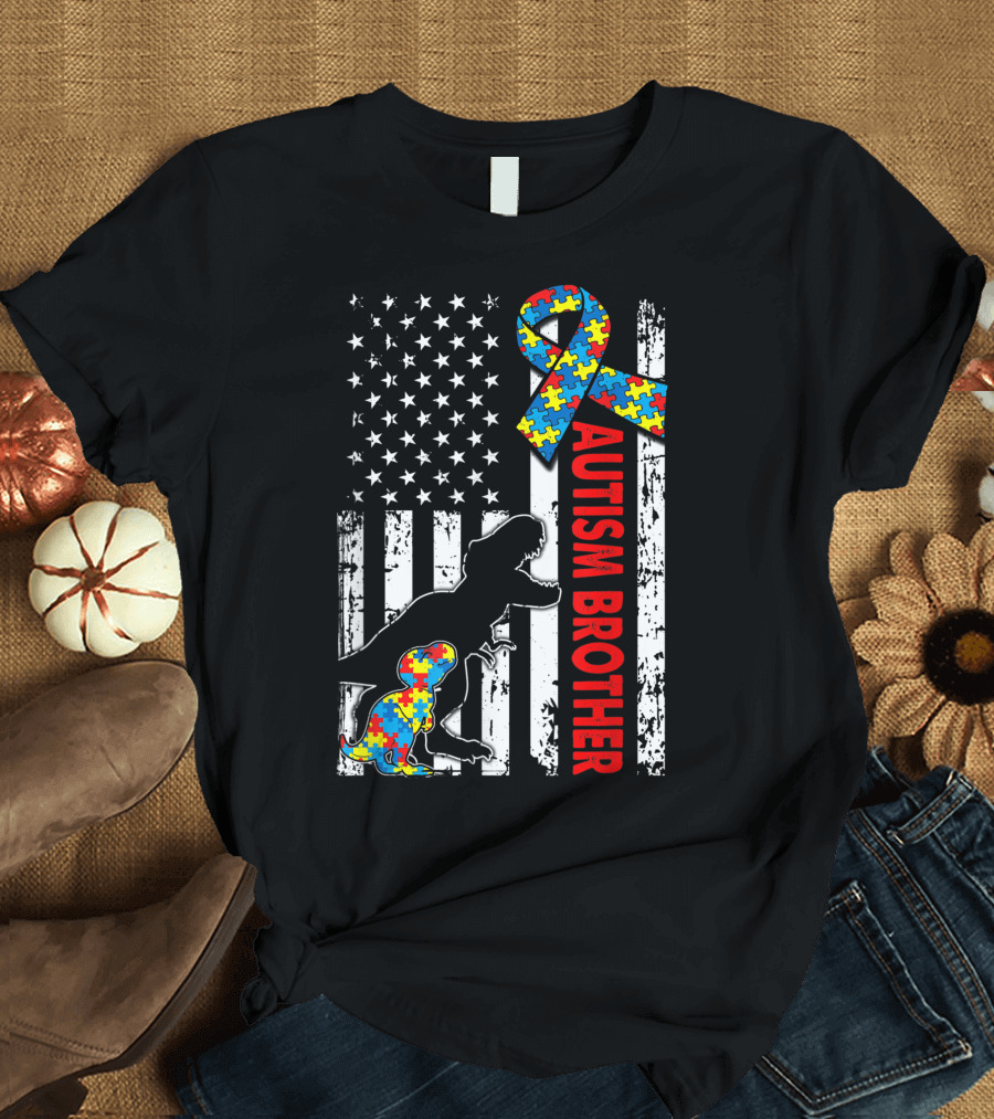 Distressed USA Flag Dinosaur Autism Brother Puzzle T-Shirt