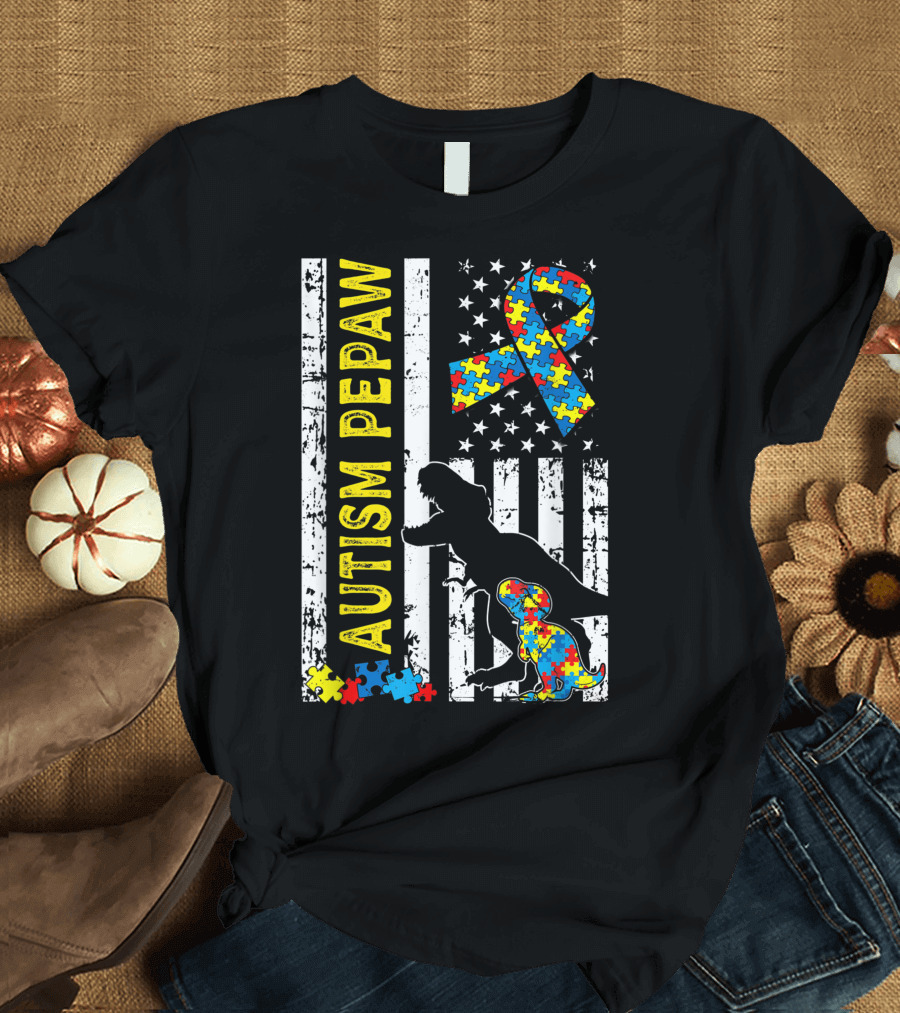 Autism Pepaw Dinosaur Puzzle Ribbon American Flag USA Flag T-Shirt