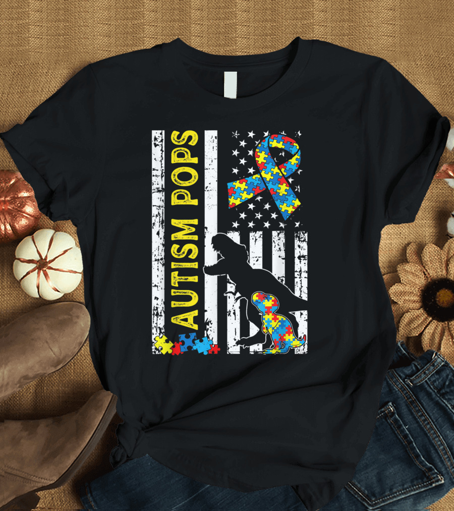Autism Pops Dinosaur Puzzle Ribbon USA Flag T-Shirt
