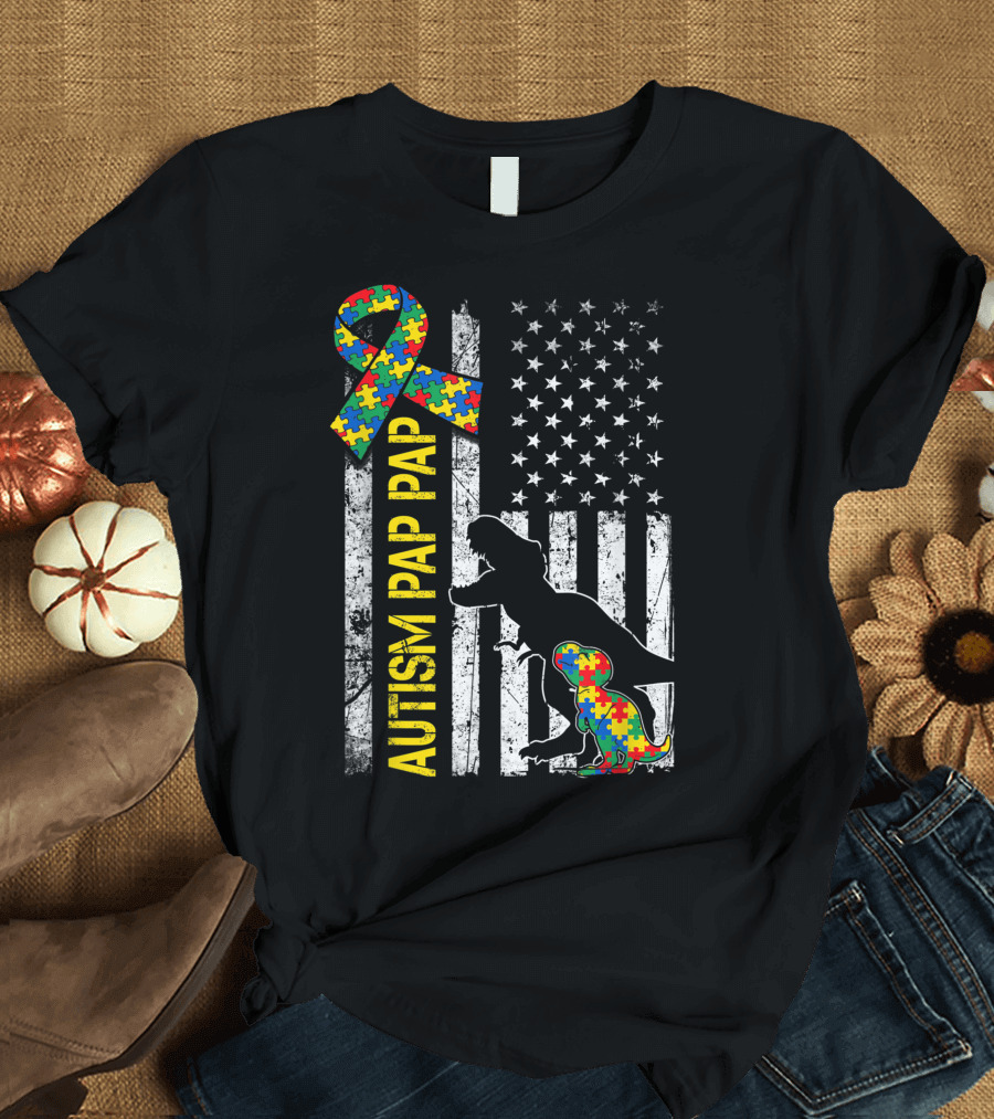 Autism Pap Pap Dinosaur USA Flag Puzzle T-Shirt