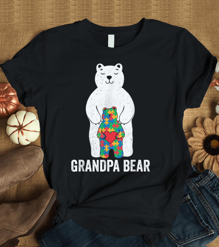 Grandpa Bear Autism Puzzle Heart Family Grandpa Autism T-Shirt