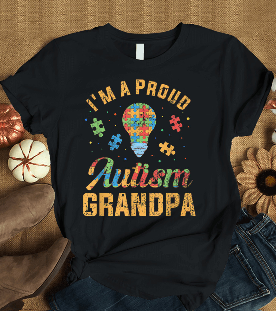 I'm A Proud Autism Grandpa Autism Awareness Puzzle Pieces Light Bulb T-Shirt