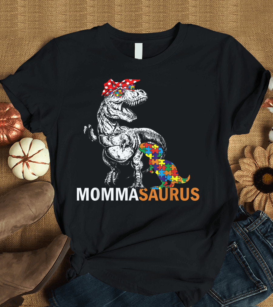 Momma Saurus Dinosaur with Puzzle Pattern for Autism Awareness T-Shirt