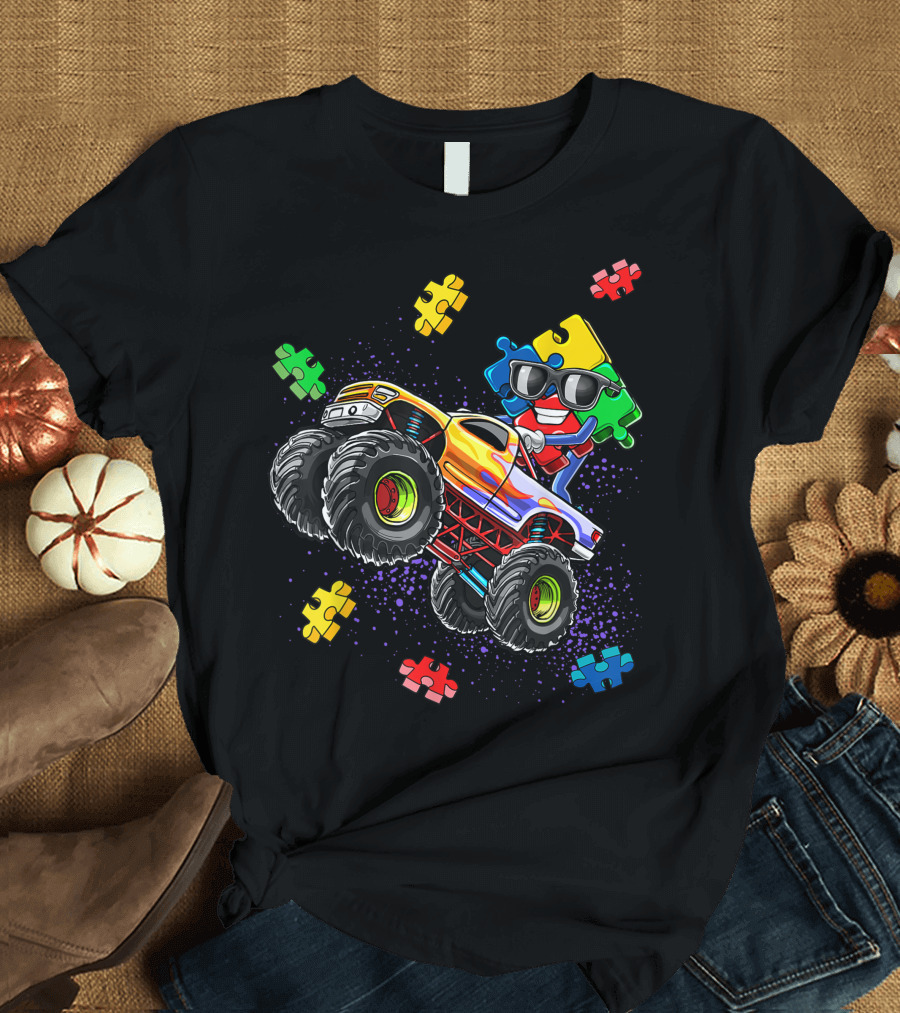 Monster Truck Autism Awareness Puzzle Piece Colorful Adventure T-Shirt