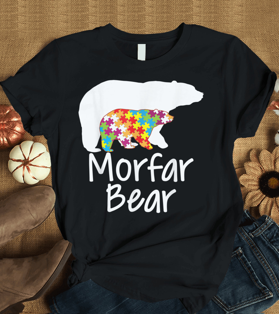 Morfar Bear Autism Awareness Rainbow Puzzle Ribbon Day T-Shirt