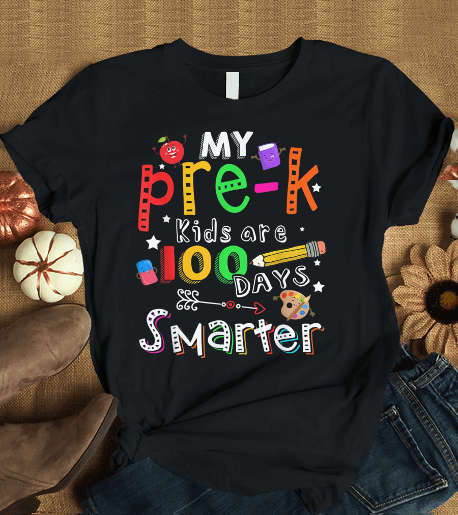 My Pre K Kids Are 100 Days Smarter With Apple Book Pencil Paint Palette T-Shirt