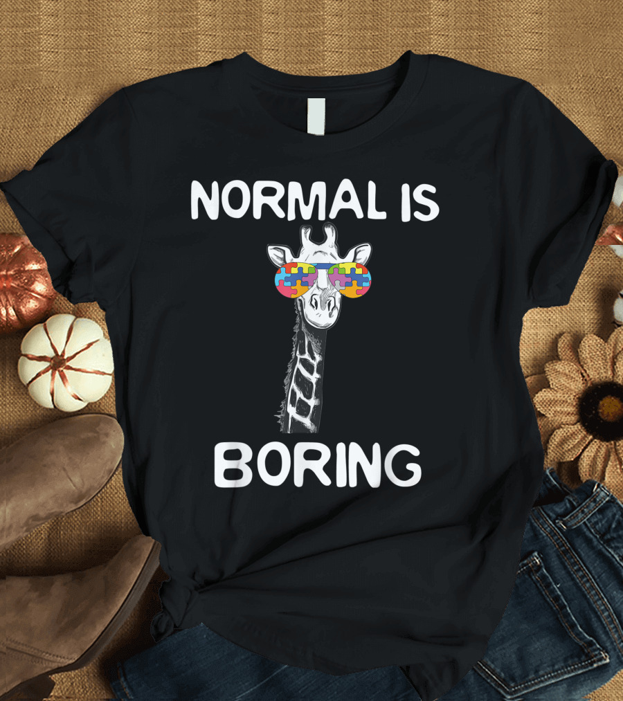 Normal Is Boring Autism Awareness Giraffe with Puzzle Piece Sunglasses T-Shirt