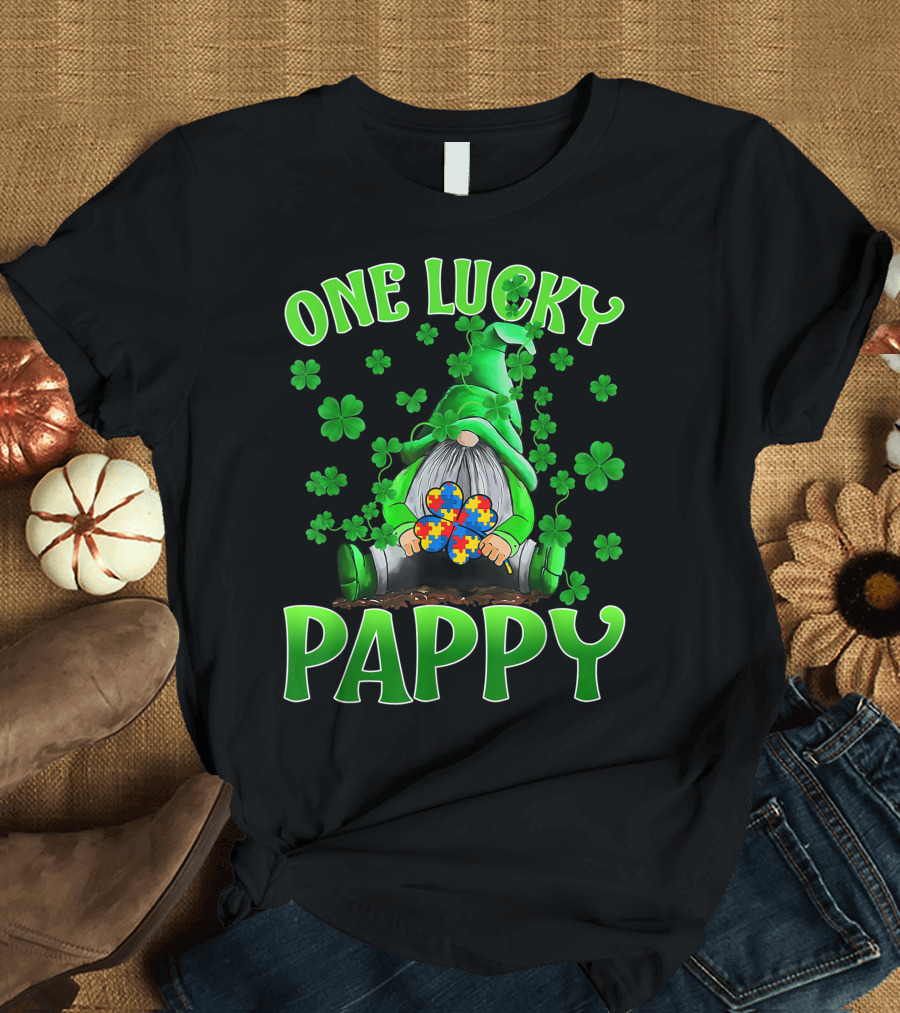 One Lucky Pappy Gnomes Autism Puzzle Shamrock T-Shirt