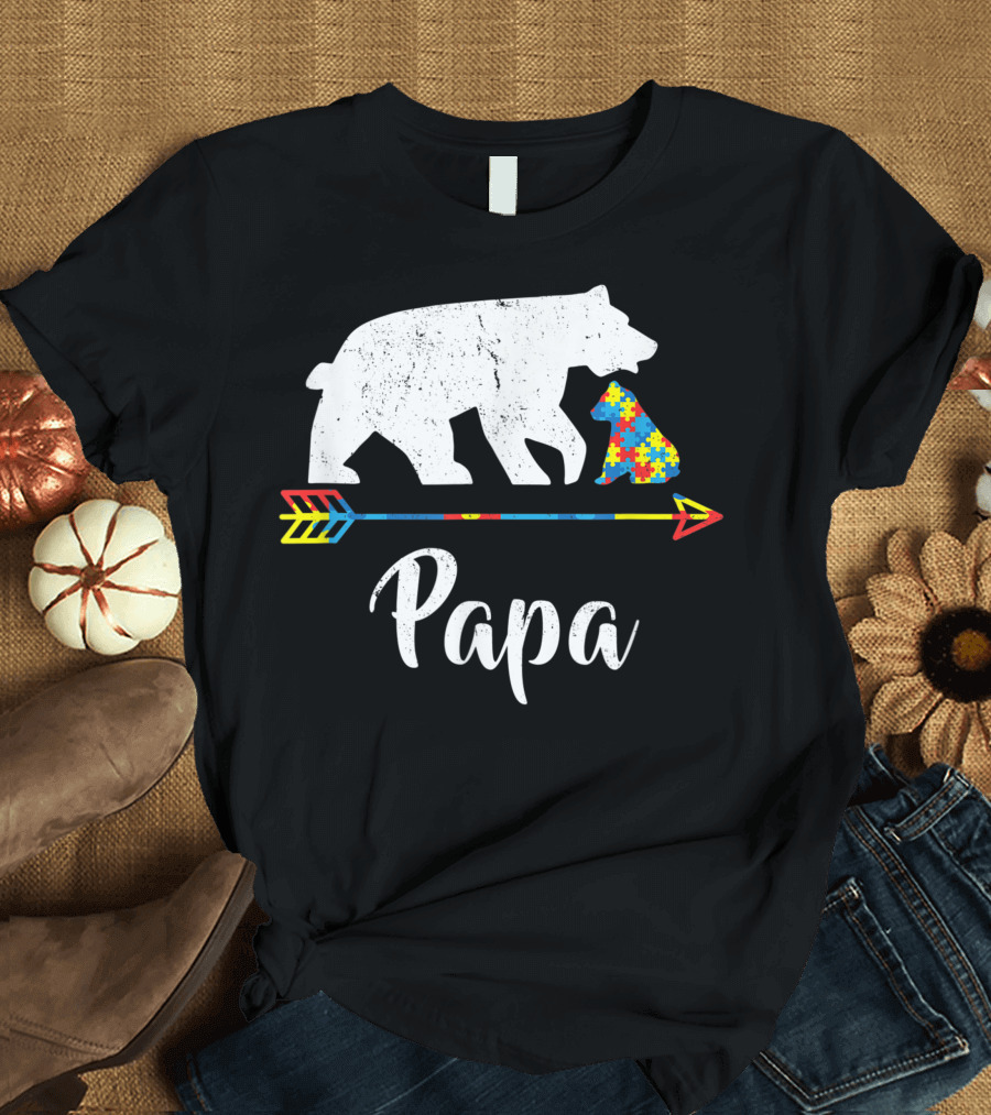 Papa Bear with Puzzle Piece Ribbon and Colorful Arrow Autism Awareness T-Shirt