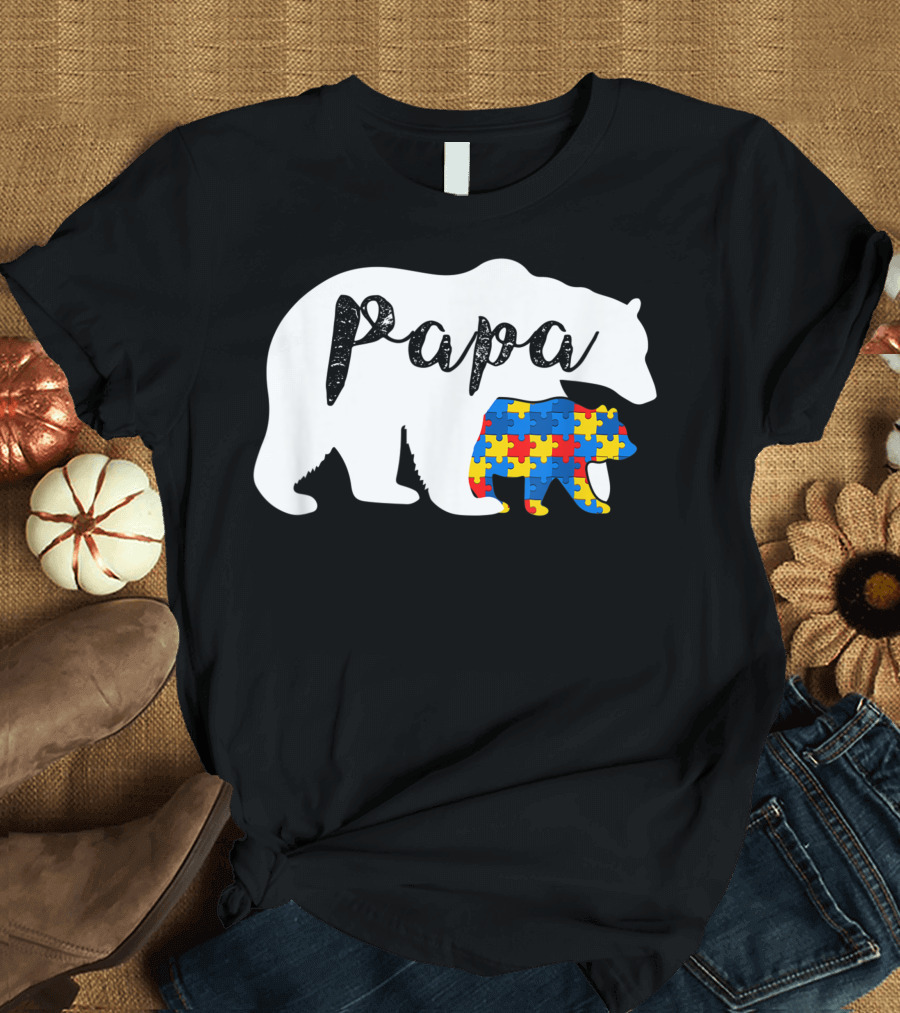 Papa Bear Autism Awareness Support Autistic Puzzle T-Shirt