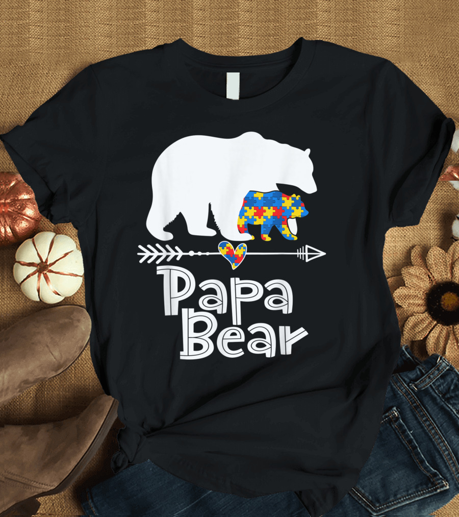 Papa Bear Puzzle Piece Heart Autism Dad Awareness Support Autistic T-Shirt