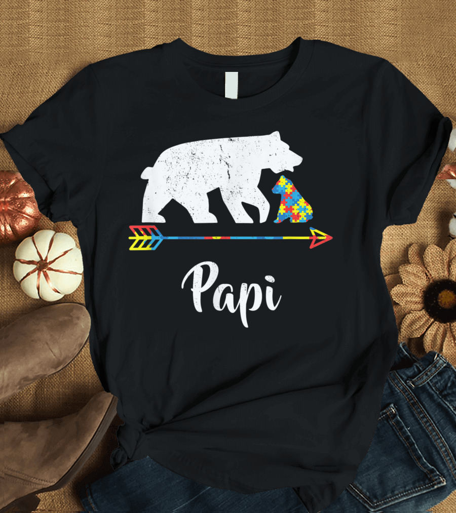 Papi Bear Autism Awareness Puzzle Pattern Arrow T-Shirt