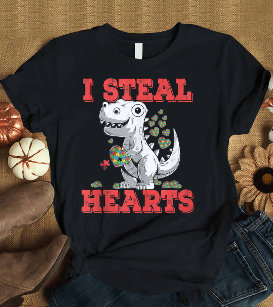 I Steal Hearts Autism Awareness Puzzle Dinosaur Rex Kid T-Shirt