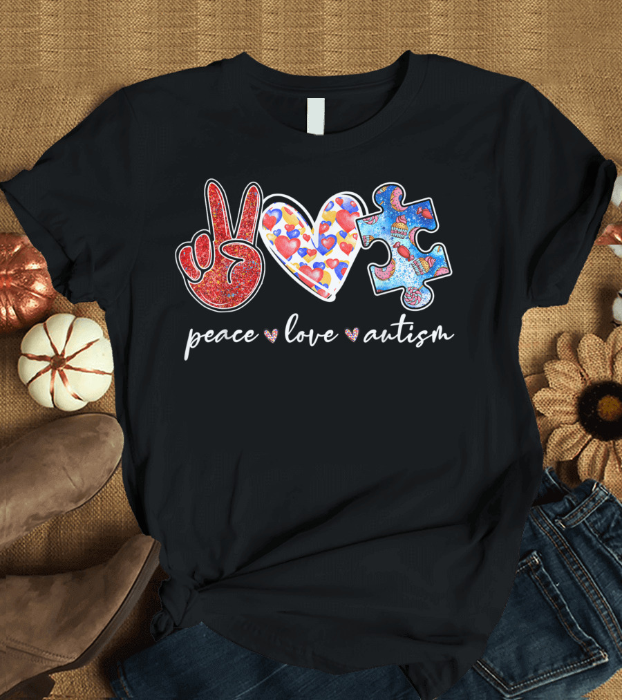 Peace Love Autism Heart and Puzzle Piece T-Shirt