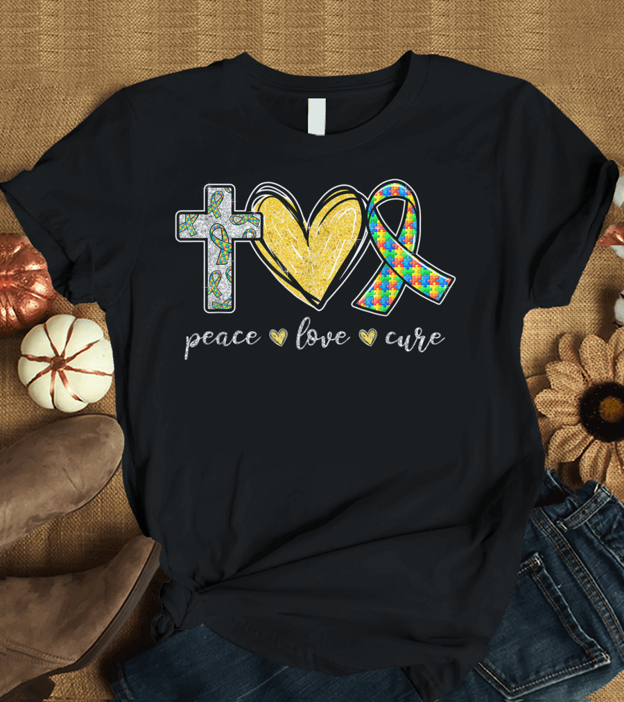 Peace Love Cure Christian Cross Yellow Heart Puzzle Piece Autism T-Shirt