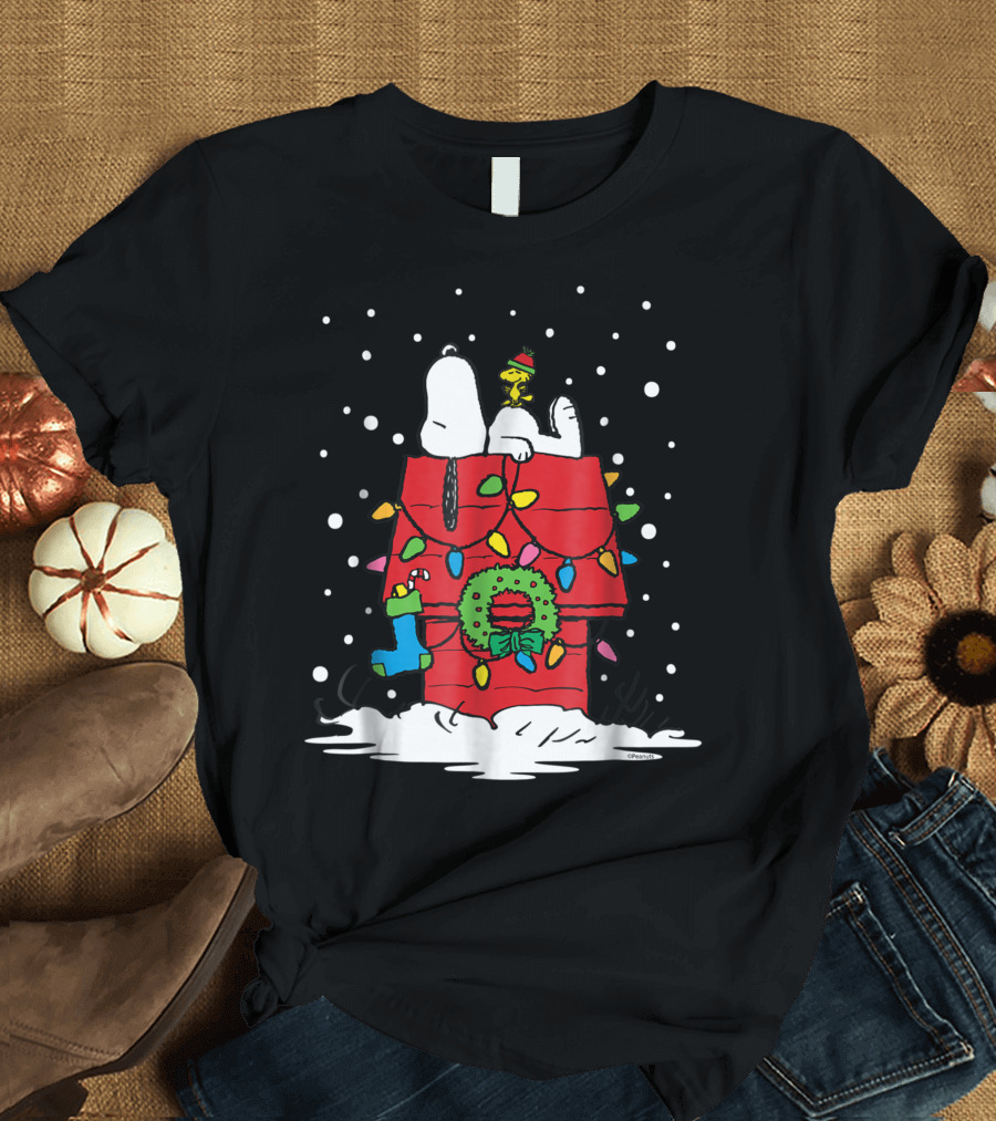 Snoopy and Woodstock Holiday Lights on Doghouse with Stocking T-Shirt