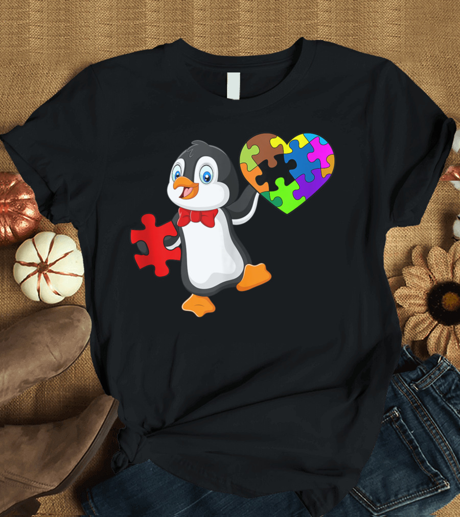 Penguin Holding Colorful Puzzle Heart Autism Awareness T-Shirt