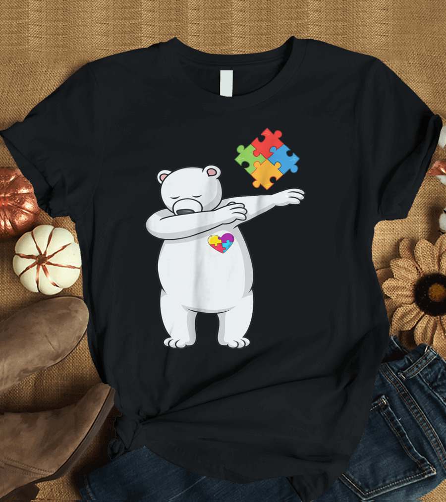 Polar Bear Dabbing with Puzzle Piece Heart Autism Awareness T-Shirt