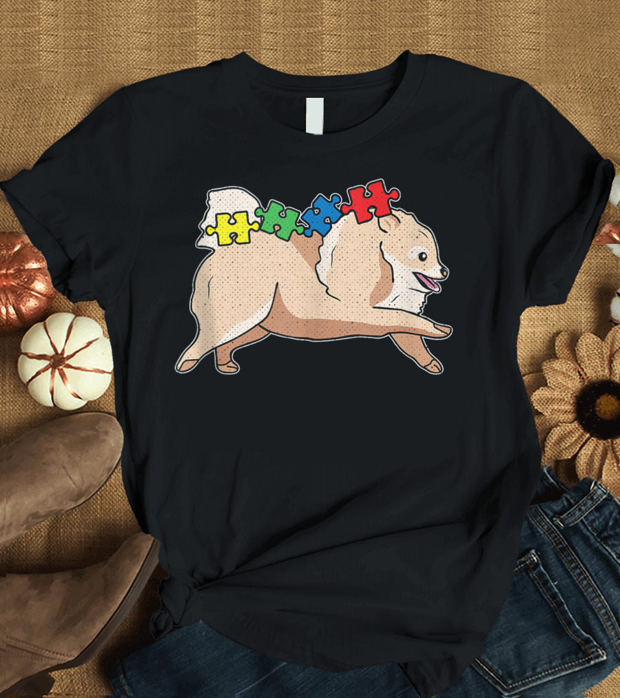 Pom Eranian Autism Awareness Toddlers Kids Puzzle Pieces Dog T-Shirt