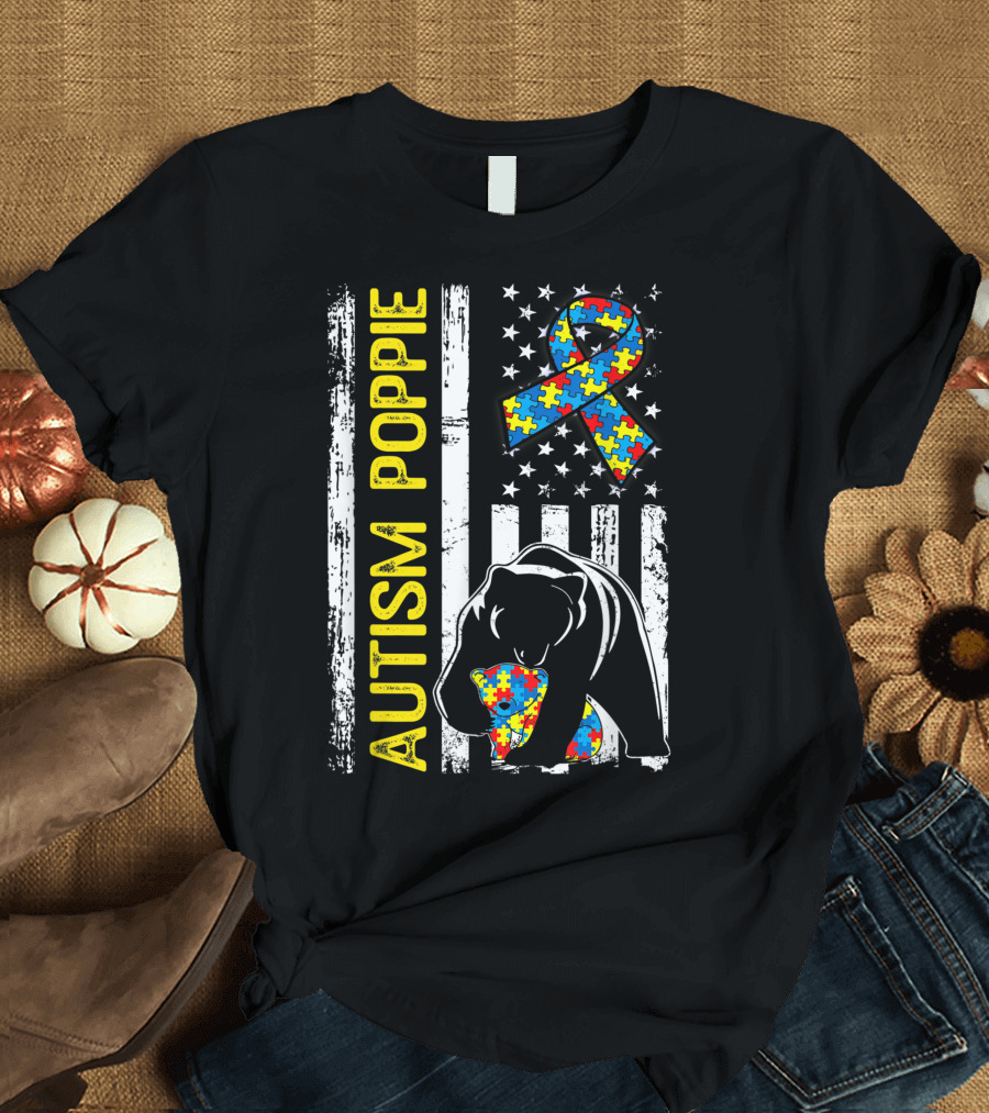 Autism Poppie Bear American Flag Puzzle Ribbon Awareness T-Shirt