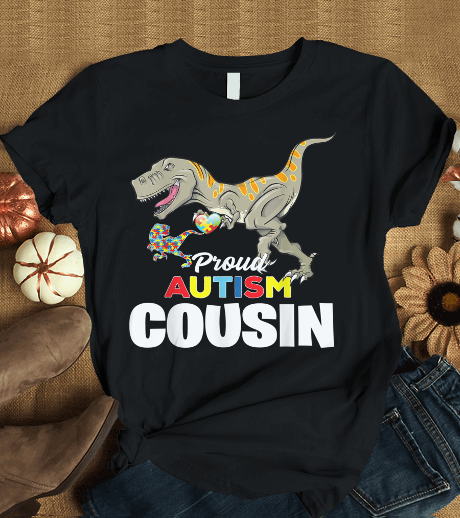 Proud Autism Cousin T-Rex with Puzzle Piece Dinosaur T-Shirt