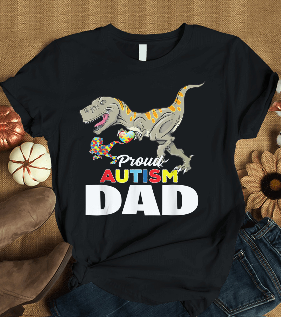 Proud Autism Dad T-Rex and Puzzle Piece Autism Child T-Shirt