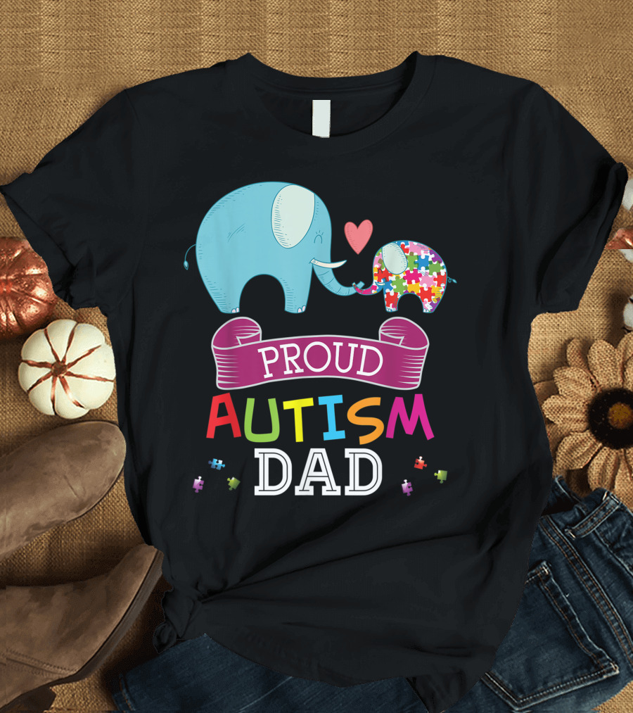Proud Autism Dad Rainbow Puzzle Elephant Heart Connection T-Shirt