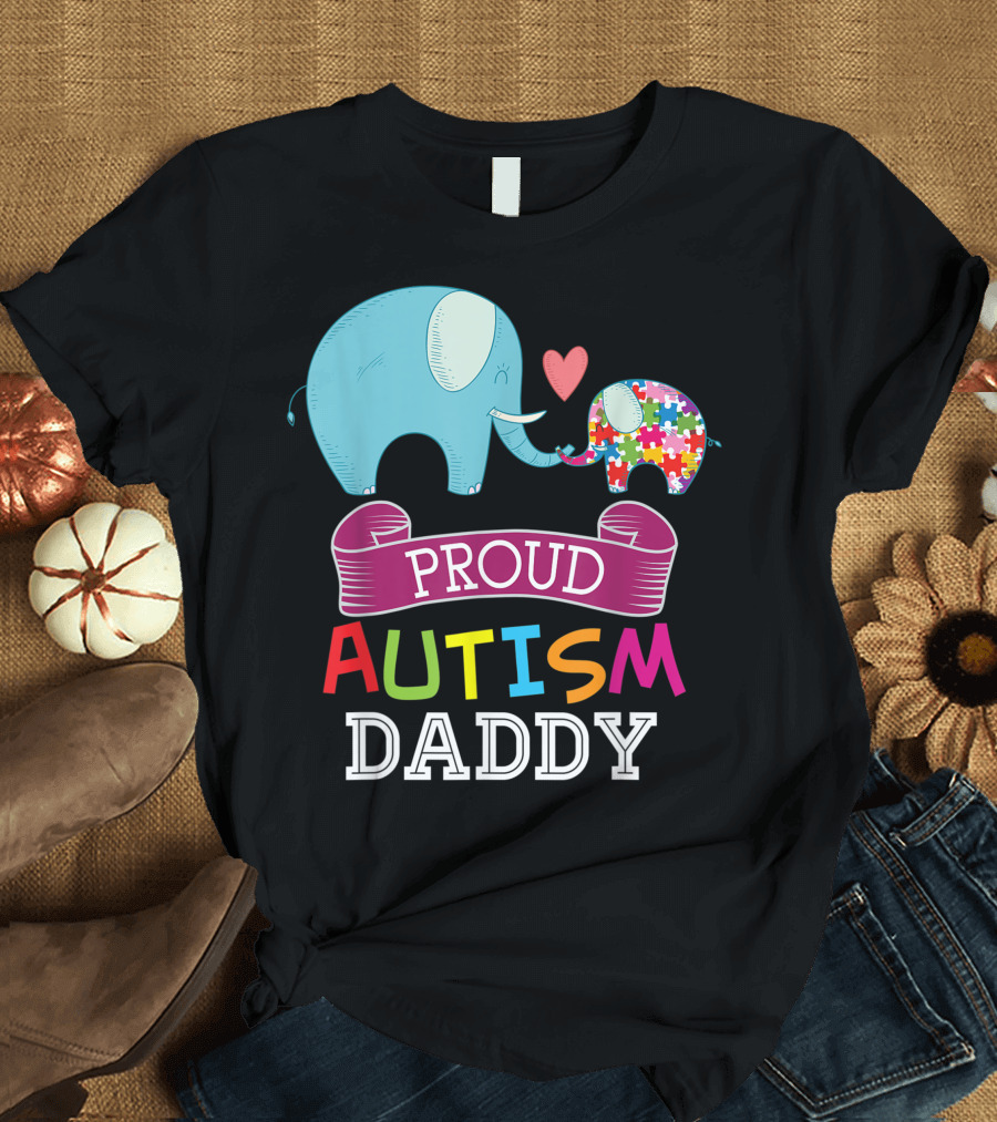 Proud Autism Daddy Elephants with Puzzle Heart Rainbow T-Shirt