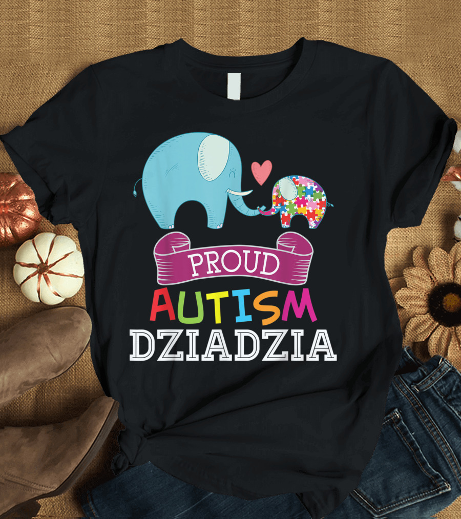 Proud Autism Dziadzia Elephant Puzzle Heart Autistic Awareness T-Shirt