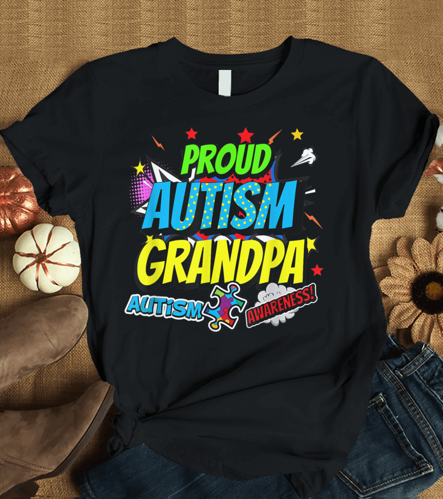 Proud Autism Grandpa Awareness Grandparent Day Family Pawpaw Puzzle Piece T-Shirt