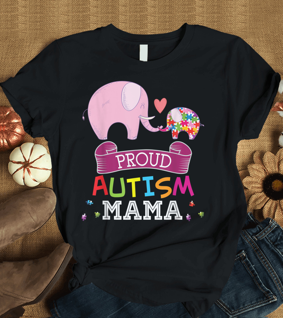 Proud Autism Mama Autistic Day Awareness Rainbow Puzzle Elephant T-Shirt