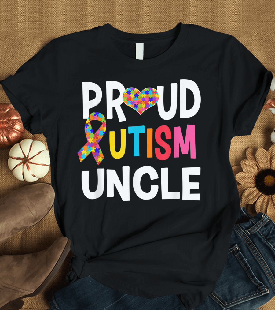 Proud Autism Uncle Heart Puzzle Ribbon Autism Awareness T-Shirt