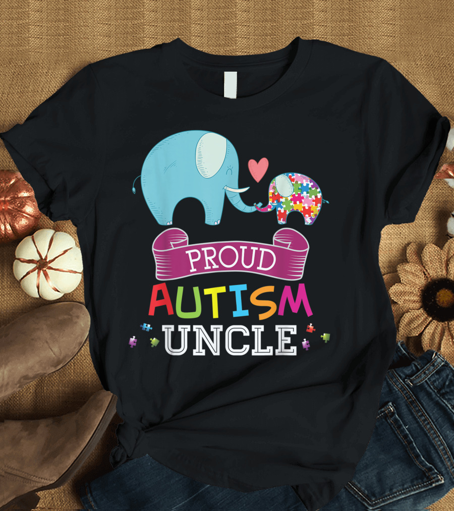 Proud Autism Uncle Rainbow Puzzle Elephant Heart Awareness T-Shirt
