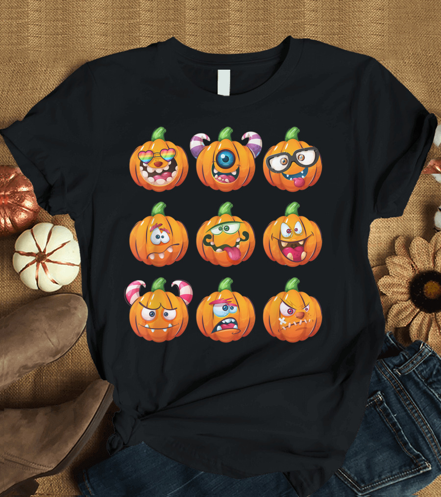 Pumpkin Face Emoticon Expressions Halloween Mood Monster Faces T-Shirt