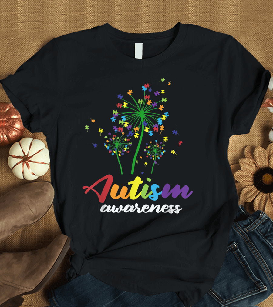 Autism Awareness Puzzle Pieces Dandelion Flowers T-Shirt