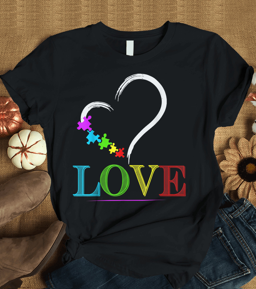 Puzzles Piece Heart Rainbow Love Autism Awareness T-Shirt