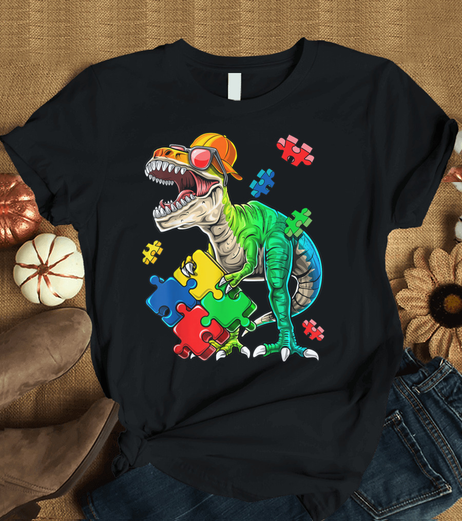 Rex Dinosaur Autism Awareness Puzzle Piece Colors T-Shirt
