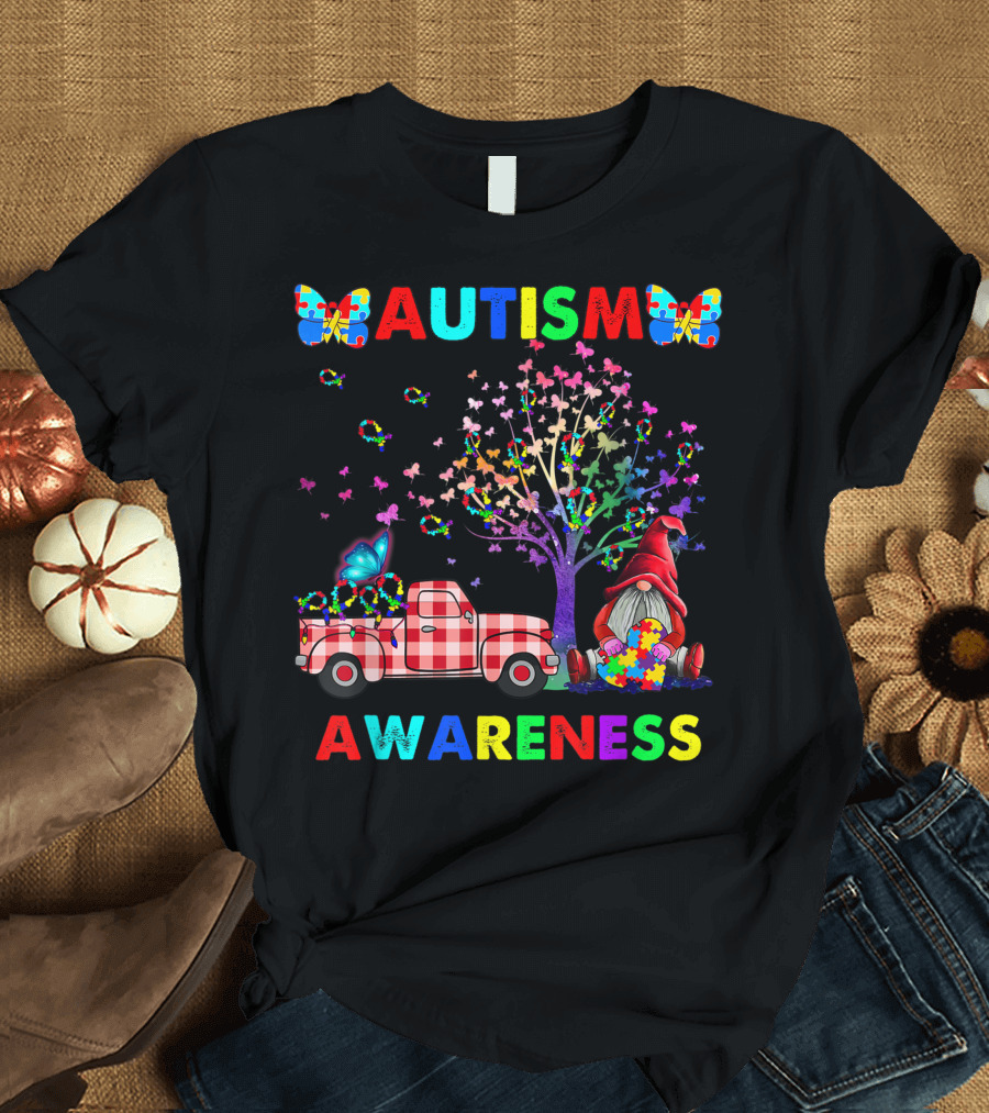 Autism Awareness Butterflies Gnomes Rainbow Tree Puzzle Truck T-Shirt