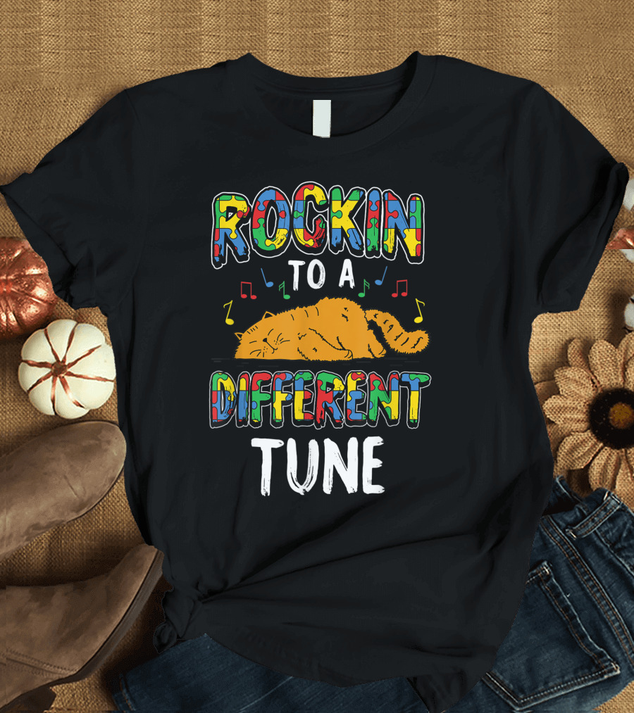 ROCKIN TO A DIFFERENT TUNE Autism Awareness Cat Music Notes T-Shirt