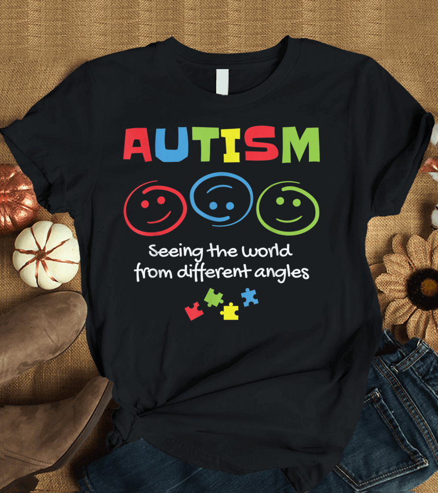 Autism Seeing The World From Different Angles Colorful Faces and Puzzle Pieces T-Shirt