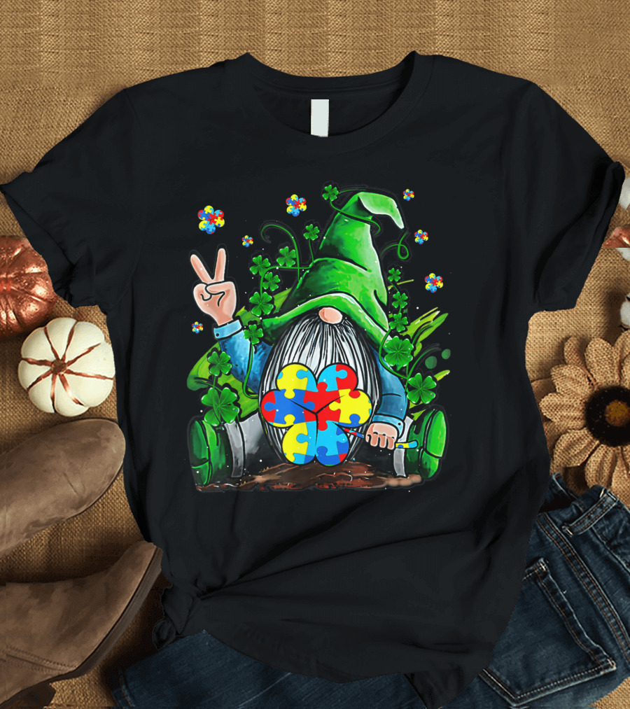 Shamrock St Patricks Day Autism Awareness Gnomes Irish Puzzle Clover T-Shirt