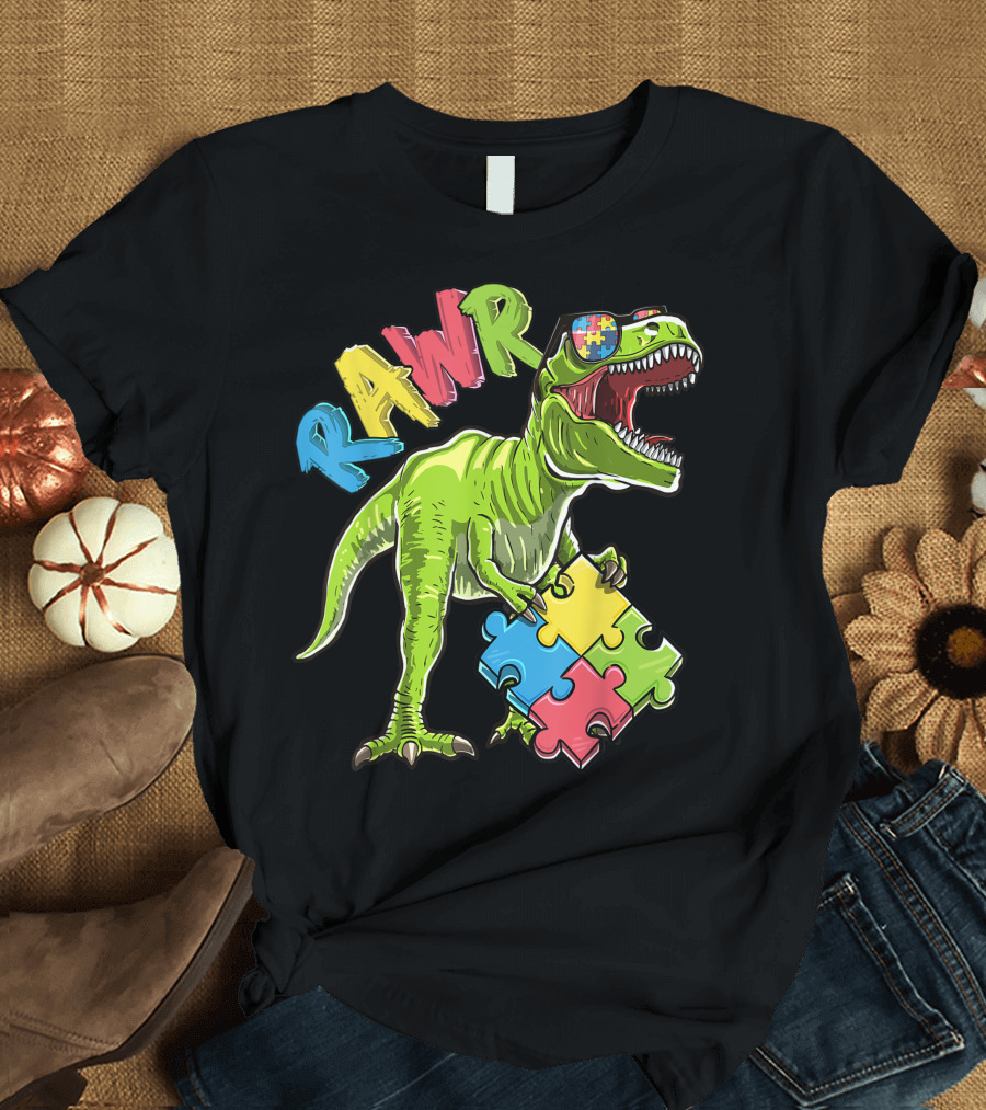 Rawr Rex Dinosaur Autism Awareness Puzzle Piece Sunglasses T-Shirt