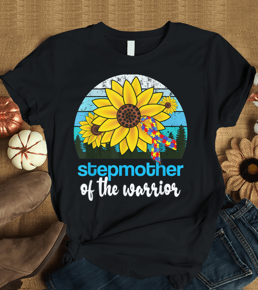 Stepmother of the Warrior Autism Mama Sunflower Puzzle T-Shirt