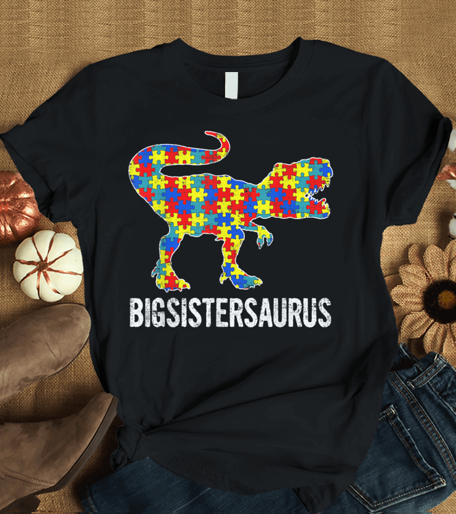 Big Sister Saurus Dinosaur Autism Awareness Puzzle T-Shirt