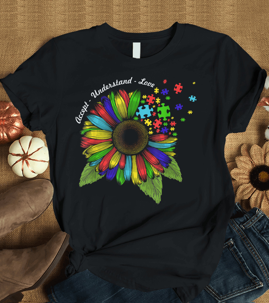 Accept Understand Love Colorful Sunflower Autism Awareness Day T-Shirt