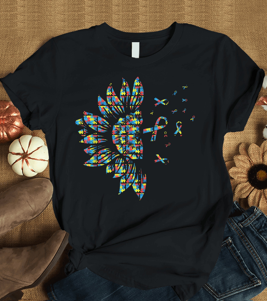 Sunflower Puzzle Piece Autism Awareness Ribbon Pattern Multicolored T-Shirt