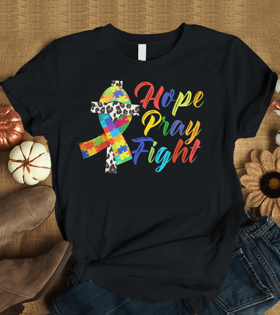 Hope Pray Fight Christian Cross Ribbon Puzzle Autism Awareness Month T-Shirt