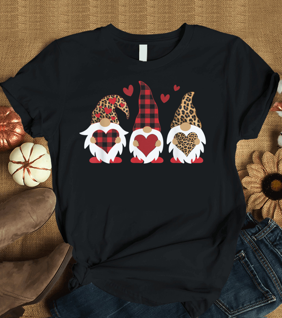 Three Gnomes with Leopard and Red Plaid Hearts Happy Valentines Day T-Shirt
