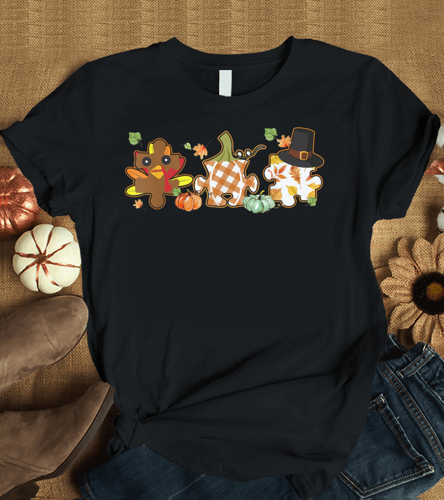 Turkey Puzzle Autumn Pumpkin Fall Leaves Thanksgiving Autism Awareness T-Shirt