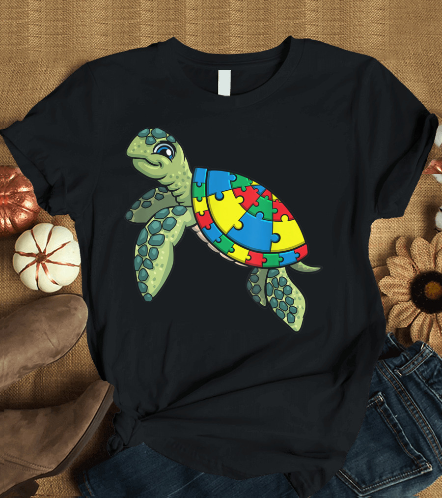 Turtle Puzzle Pieces Autism Awareness Kids Women Teacher T-Shirt